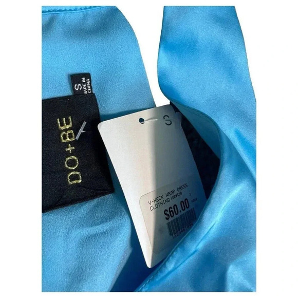 Do + Be Collection V-Neck Wrap Summer Mini Dress Baby Blue Satin Size Small - Picture 13 of 15